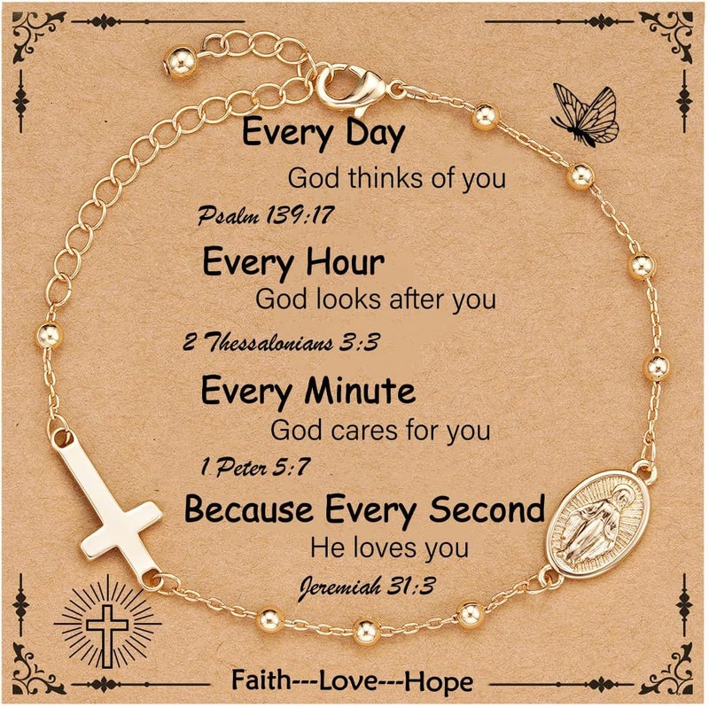 VULETO Catholic Virgin Mary Cross Bracelet Gifts for Girls Teens Women, Rosary Beads Charm Link Chain Bracelet Christmas Christian Religious Jewelry Gifts - Image 1